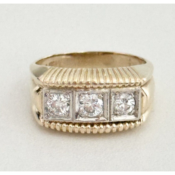 14K Yellow Gold Diamond Three Stone Men's Wedding Band Ring Size 10 - Picture 1 of 16